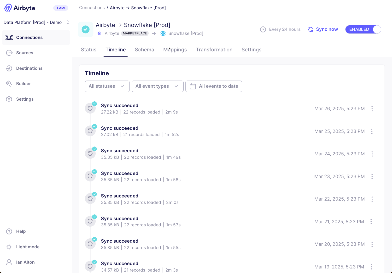 A sample Connection Timeline showing multiple successful syncs